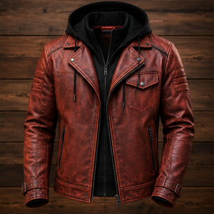 Men's Red PU Leather Breathable Quick Dry Hooded <b>Slim</b> <b>Fit</b> Windproof Zipper Closure Winter Streetwear Style Moto <b>Jacket</b> - Product Image 3