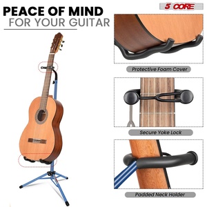Paire de supports de guitare sur pied réglables robustes à 5 cœurs avec support de manche pour guitares acoustiques, électriques, classiques et basses - Product Image 4