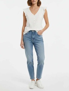 T-shirt court basique pour femme, sans manches, à volants aux épaules, col en V, blanc, style boutonné, pour la vente en ligne - Product Image 3