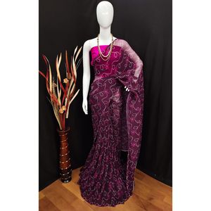 DISEÑADOR GEORGETTE DIGITAL IMPRESO SAREE CON BLUSA DESCOSADA VINO - Product Image 1