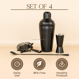 Ensemble de barware multifonction en acier inoxydable noir, 4 pièces, shaker à cocktail 750 ml, doseur, cuillère, passoire, ensemble cadeau - Product Image 5