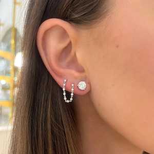 Wholesale Double <b>Piercing</b> Chain <b>Earrings</b> Push Back 14K Solid Gold Round Lab Grown Diamond Two Hole Ear Chain Studs Factory Price - Product Image 6