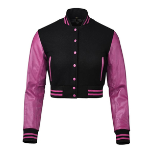 <b>Women's</b> Letterman Varsity <b>Jacket</b> Woven Leather Sleeve Breathable Baseball Coat - Product Image 4