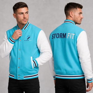 Chaqueta Varsity Unisex Azul Marino y Naranja, Cuello Alto, Corte Regular, Ropa Casual de Invierno, Logotipo Bordado - Product Image 2