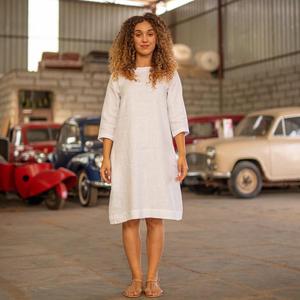 Robe mi-longue en coton et lin pour femmes, coupe ample, décontractée, col rond, manches 3/4, couleur unie, robe d'été pour dames - Product Image 2