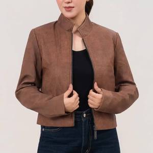 Chaqueta Marrón para Mujer con Cuello Alto y Cierre de Cremallera, Estilo Casual para Otoño - Chaqueta de Cuero Marrón - Product Image 1