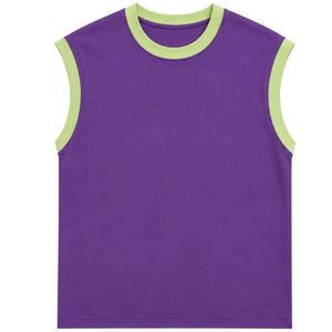 Camiseta sin Mangas Morada con Ribete Verde Claro para Mujer, Chaleco Casual de Verano de Algodón, Cuello Redondo, Estilo OEM Personalizado - Product Image 1