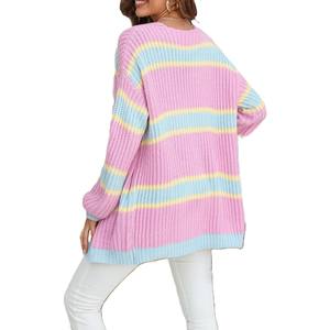 Cardigan en polyester/coton pour femme, nouveau design haut de gamme automne-hiver, à rayures, manches lanternes, col en V, avec appliques sur le devant - Product Image 4