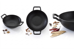 <b>Cast</b> Iron Wok No Coating Double Ear <b>Pan</b> with Lid Thickened Traditional indian Frying Pot for Healthy Cooking - Product Image 1