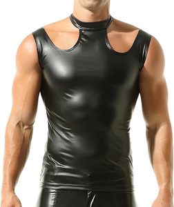 Chaleco de cuero sintético para hombre, camiseta sin mangas brillante informal, estilo motociclista moderno, cuello redondo con botones - Product Image 1