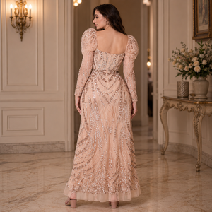 Designer Blush Pink Beaded Evening Gown for Women Luxury Embroidered Puff Sleeve Formal Party Dress Elegant Mermaid Maxi Outfit - Product Image 3