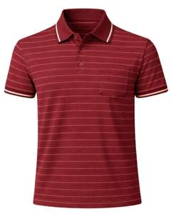 Camisa Polo Personalizada para Hombre, Color Rojo Borgoña a Rayas, con Bolsillo en el Pecho, Corte Clásico, Manga Corta, Algodón, Fabricante OEM, Suministro al por Mayor - Product Image 1