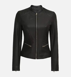 Chaqueta de Motociclista de Cuero Sintético PU Negra para Mujer, Manga Larga, Cuello Alto, Cierre de Cremallera, Color Sólido, para Otoño - Product Image 4