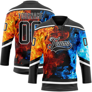 Camiseta de Hockey Personalizada para Hombre con Cuello en V, Estampado de Fuego y Hielo, Transpirable, de Poliéster, para Adultos, con Logotipo de Equipo en la Parte Delantera, Manga Tres Cuartos - Product Image 1