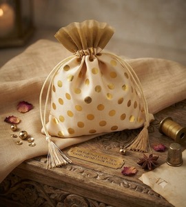 Wholesale Bulk Heirloom Collection Cream Gold Polyester Potli Bags Handcrafted Polka Dot Foil Prints Wedding Gifts Birthday - Product Image 4