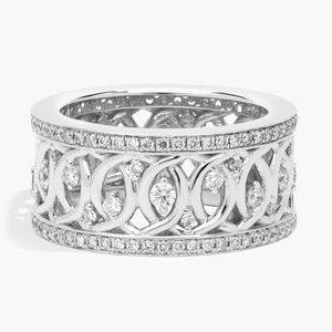 18K <b>White</b> Gold Natural Diamond Vintage Filigree Engagement Anniversary Wide Band Ring - Product Image 1