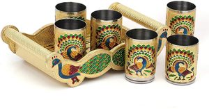 Ensemble de 6 verres en acier inoxydable Royal Meenakari Peacock avec plateau de service en bois - Product Image 2