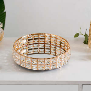 Modern Gold-Toned Rope Woven Frame Polished Metal <b>Round</b> Crystal <b>Mirror</b> Decorative Tray Multi-Functional <b>Small</b> Ramadan Home Decor - Product Image 1