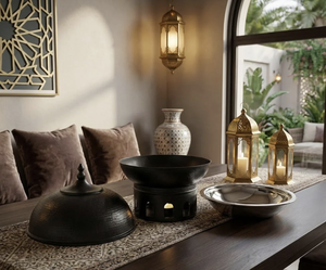 Calentador de Comida con Diseño Martillado y Revestimiento Blanco, Tapa con Diseño de Cúpula, Soporte para Velas de Alta Calidad, Estilo Árabe para Buffet - Product Image 4