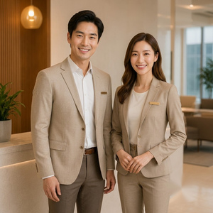 ชุดยูนิฟอร์มสีเบจสำหรับบุรุษและสตรี ผลิตจากวัสดุโพลีเอสเตอร์ที่ระบายอากาศได้ดีและดีไซน์คลาสสิก - Product Image 3