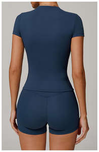 Haut de yoga à col montant pour femme, respirant, uni, séchage rapide, t-shirt de sport, logo personnalisé, manches courtes, chemises ajustées, OEM - Product Image 6