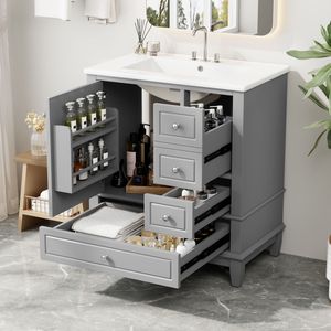 Mobile da Bagno Grigio da 30 Pollici con Lavabo, Una Porta e Ripiano, Tre Cassetti con Chiusura Ammortizzata - Product Image 3