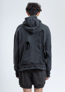 Heavyweight French Terry Drop Shoulder Distressed Hoodies Men's Clothing Acid <b>Wash</b> Vintage Distress Ripped Hooded Breathable - Product Image 3