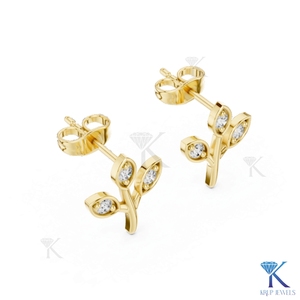 Lab Grown Diamond 3-Stone Leaf Sprig Botanical Branch Motif 18K Solid Gold <b>Stud</b> Earrings for Women Bridal Gift - Product Image 5