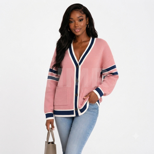 HMR Sorority Pink Acrylic Knitted V-Neck Cardigan With Navy White Stripe Trim And Dual Pockets Long Sleeve Classic Style - Product Image 1