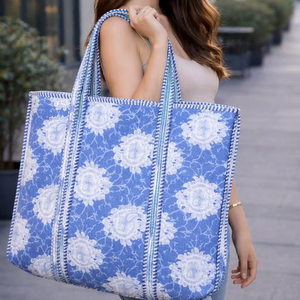 Women's Cotton Quilted Tote Handbag Vintage Block Print Large Washable Canvas Lining <b>Small</b> Shoulder Market/Grocery Bag for Daily - Product Image 1