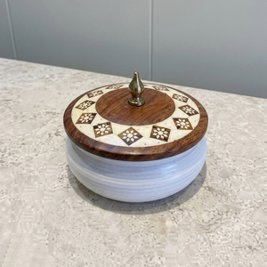 Luxury Metal <b>Serving</b> <b>Dish</b> With Bone Inlay Wooden Lid. Multi-Purpose Bowl For Sweets, Nuts & Spices. Artisan Handcrafted Quality - Product Image 1