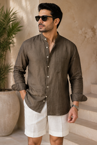 Chemise décontractée pour homme en lin, col montant, vert olive, manches longues, coupe ample, respirante, pour l'été et la plage, taille 3XL - Product Image 5
