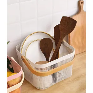Metal <b>Mesh</b> Storage Basket With Wooden Handle White Colander <b>Strainer</b> Kitchen Organizer - Product Image 4