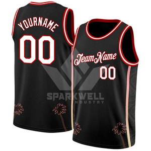 Maillot de basketball personnalisé sublimé noir et rouge avec motif palmier, sans manches, unisexe, pour adulte, avec nom et numéro d'équipe, respirant - Product Image 1