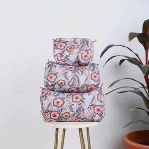 Juego de 3 Bolsas de Cosméticos Acolchadas con Estampado Floral de Moda Bohemia, con Cierre de Cremallera y Cadenas, Bolsas de Aseo de Algodón - Product Image 4