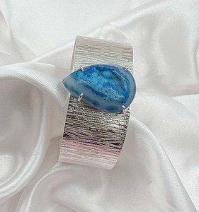 Natural Sky Blue Sugar Druzy Triangle <b>Stone</b> <b>Bracelet</b> Silver Plated Textured Wide Cuff Handmade Gemstone Wide <b>Bracelet</b> - Product Image 2