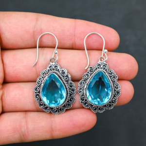 Boucles d'oreilles personnalisées en argent sterling 925 avec topaze bleue créée en laboratoire, 1,9 pouce, bijoux en pierres précieuses faits à la main, boucles d'oreilles fines antiques, cadeau pour femme - Product Image 2