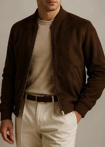 Chaqueta de Invierno para Hombre Vivouge Industries, Envío Inmediato, Gamuza Marrón, Cuero Genuino, Estilo Vintage, Cierre de Cremallera, Cuello Mao, Impermeable - Product Image 6