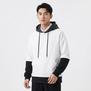 <b>Men's</b> <b>White</b> Hooded <b>Sweatshirt</b> With Black Sleeve And Hem Casual Knitted Pullover Regular Fit Solid Color Autumn Wear - Product Image 5