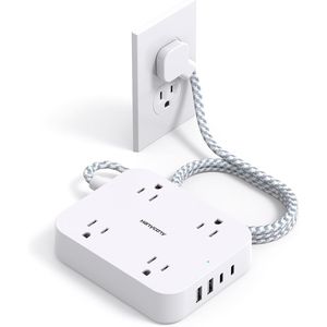 5ft Flat Plug Extension Power Strip 4 <b>USB</b> C Ports & 4 Widely Outlets Wall Mount Desk Charging <b>Extender</b> with 4 <b>USB</b> Ports - Product Image 1