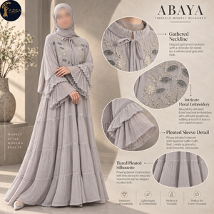 Robe Abaya plissée brodée de fleurs pour femmes avec manches fluides, robe islamique |   Tenue de cérémonie chic avec col plissé élégant - Product Image 5