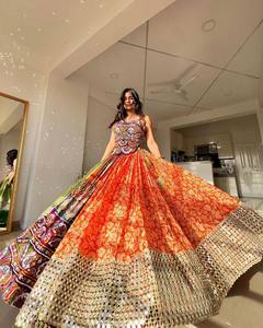 Robe ethnique pour femme en coton mousseline épais avec broderie miroir, Lehenga Choli et dupatta en dentelle, longueur ras du sol, pour mariage et fête - Product Image 1