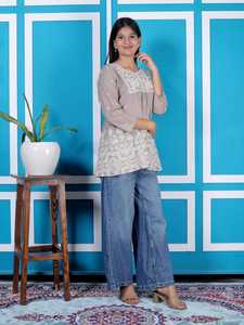 Premium Women Taupe Embroidered Cotton Blend Tunic <b>Top</b> Three Quarter Sleeve Ethnic Casual Peplum Style Designer <b>Top</b> - Product Image 3