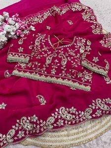 Sari de satén Royal Fendy con bordado de lentejuelas y ribete calado, y blusa de encaje con espejos completamente cosida - Product Image 3