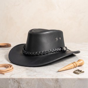 Premium Quality Custom Handmade Black Leather Cowboy <b>Hat</b> Braided <b>Band</b> Western Rodeo Style - Product Image 1