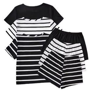 Striped Print Casual Women's Infant Pajama Set Short Sleeve TEE Shorts ODM Cotton Fall Winter Outdoor Clothes Bangladesh - Product Image 2