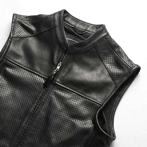 <b>Mens</b> <b>Black</b> Genuine Leather Waterproof Breathable Eco-Friendly Motorcycle <b>Vest</b> V-neck Zipper Closure Custom Biker Riding <b>Vest</b> OEM - Product Image 3