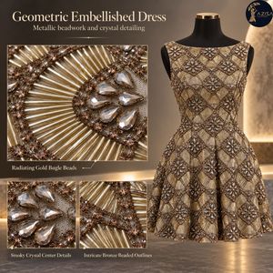 Tissu en maille géométrique complexe orné de perles dorées |   Tissu orné de cristaux fumés pour robes de soirée et robes longues - Product Image 5