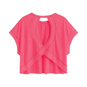 Top Corto de Mujer Azul Claro de Color Sólido con Manga Casquillo, Espalda Cruzada Asimétrica, Tejido Transpirable y Ajuste Holgado para Primavera Verano - Product Image 6