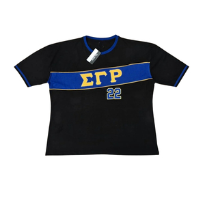 Camiseta Deportiva Premium SGRho Negra, Azul Rey y Dorada, Manga Corta, Número 22, Diseño Gráfico a Rayas, para Hermandades, Equipos Universitarios - Product Image 1